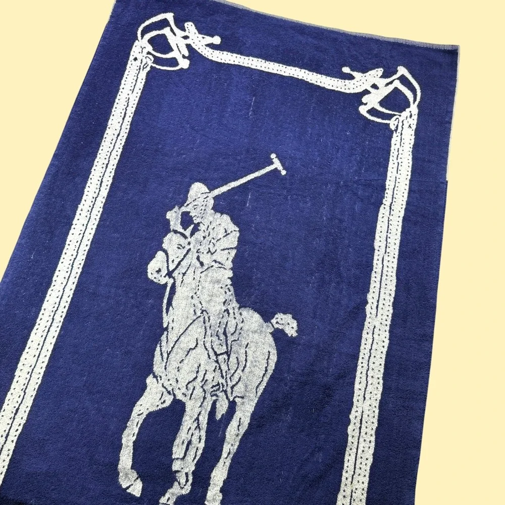 Vintage Ralph Lauren Polo Player Beach Towel Unisex 69x36 Navy Blue Cotton